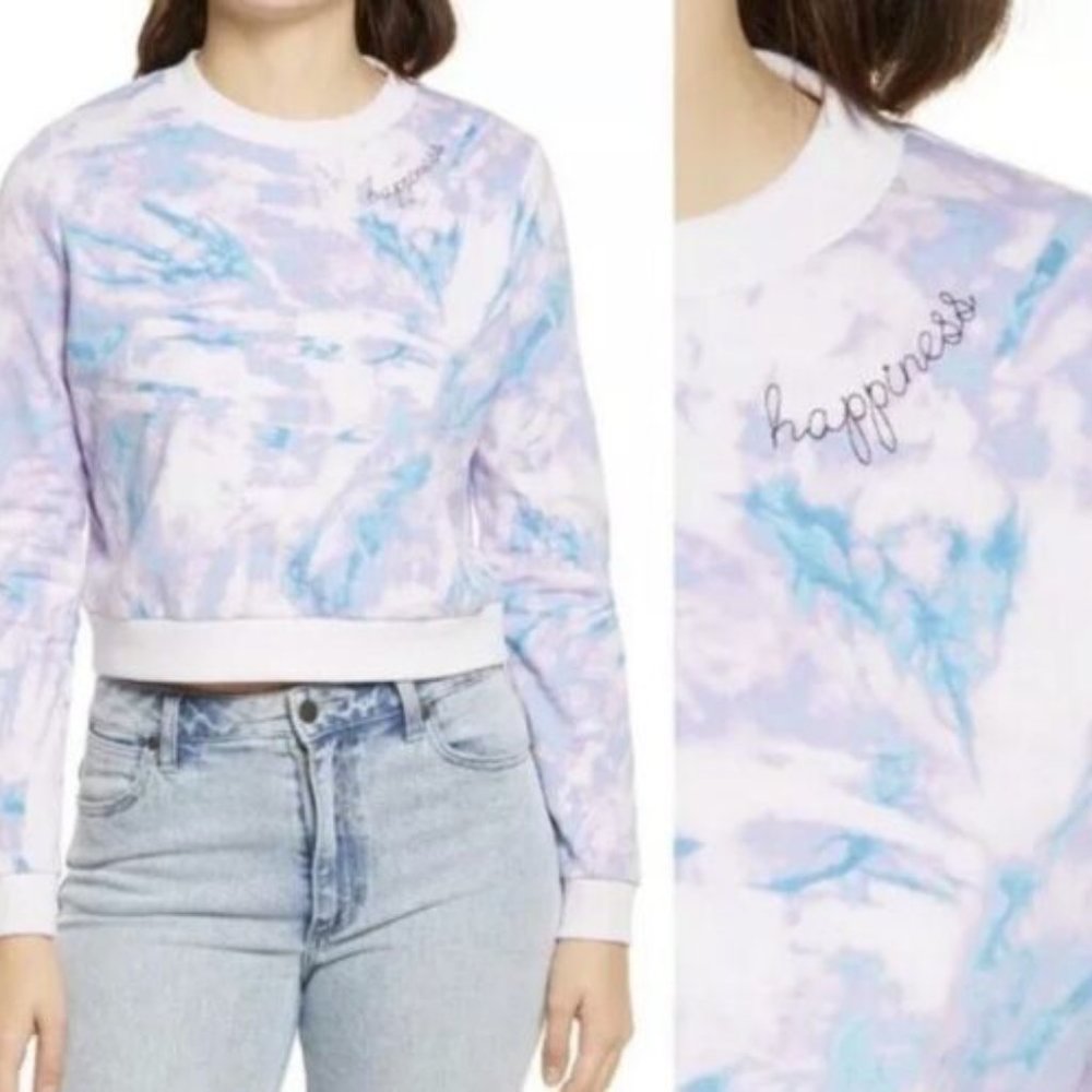 NWOT BP Tie Dye Crewneck Embroidered Happiness Boxy Sweatshirt Medium Purple